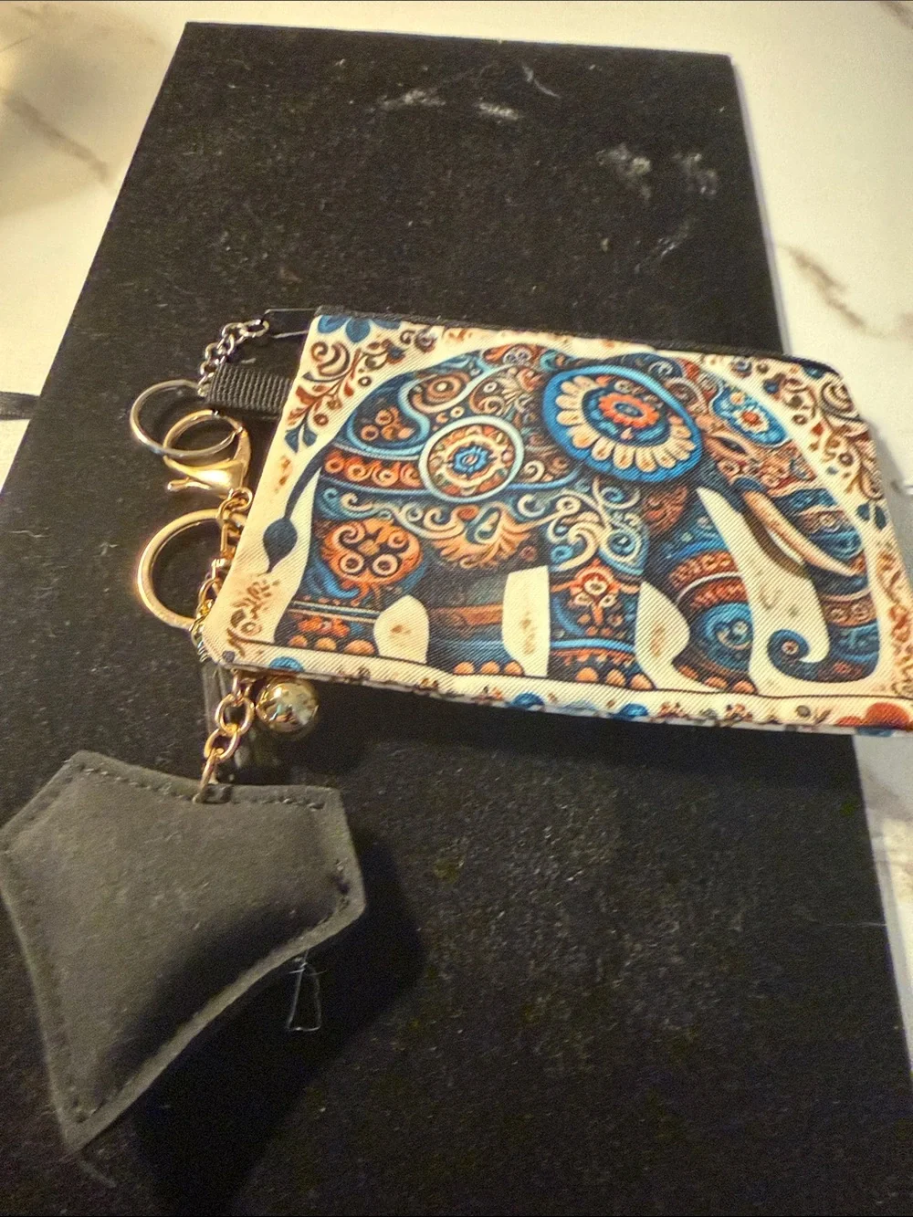 Boho Paisley Elephant Card pouch with sparkly bag charm key chain- Blue & Orange